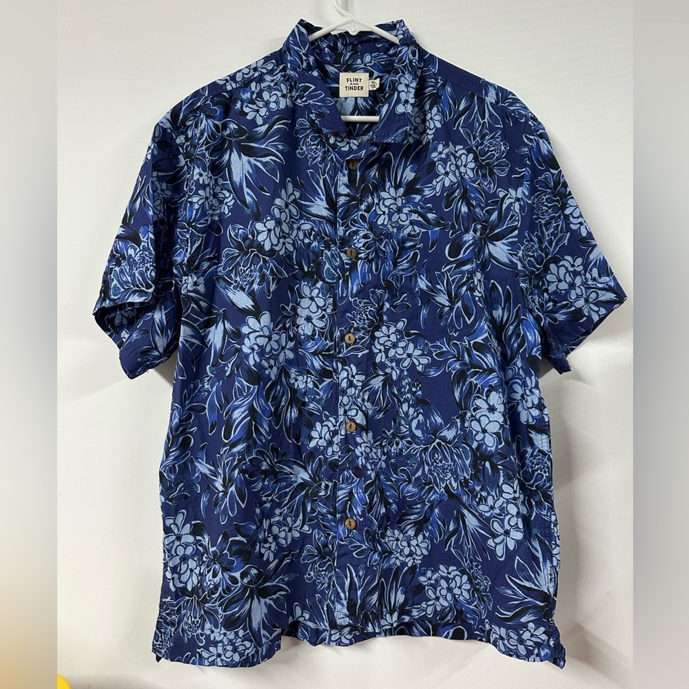 Flint & Tinder SS Retro Hawaiian Printed Button Shirt XL Blue Loop Linen Blend